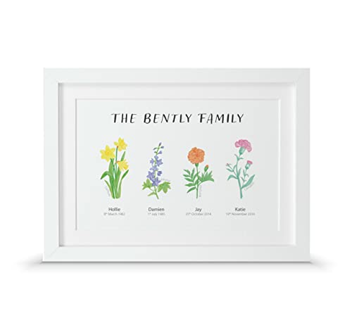 Personalised family birth flower gift print (A4-30x21cm, Print & Standard Frame)