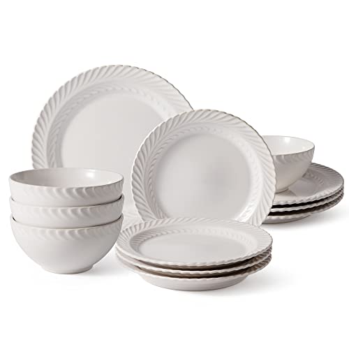 Gbhome Ceramic Dinnerware Sets,Elegant Deep Stoneware Plates And Bowls Sets,Highly Chip And Crack Resistant | Dishwasher & Microwave Safe | Dishes Set Service For 4 (12Pc)-Soft Off White #TOP7
