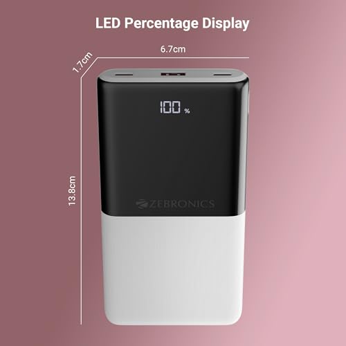Image of ZEBRONICS EnergiPod 10R1, Power Bank, 10000 mAh, 22.5W Super Fast Charging PD 3.0 (PPS), Dual Type C & USB Port, LED Percentage Indicator, for iPhone, Android, Tablets, Airpods (White)