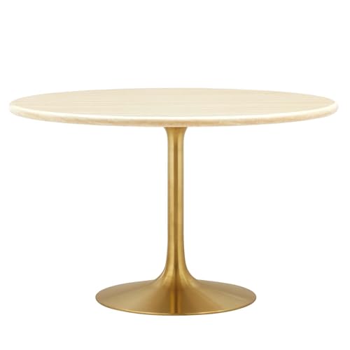 Image of Modway Lippa 48 inch Round Artificial Dining Table with Tapered, Metal Base, Gold Travertine