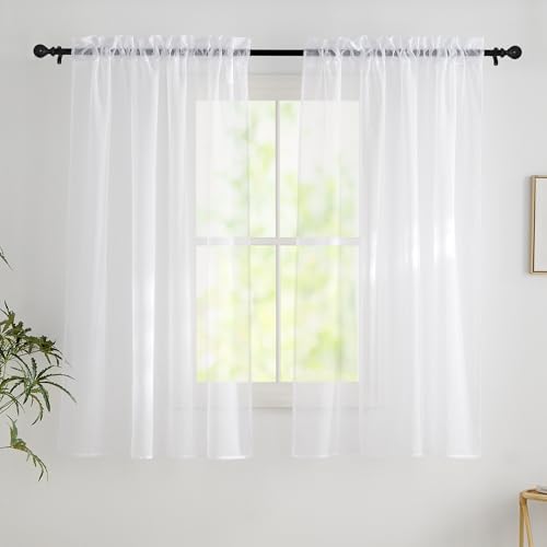 PONY DANCE Cortinas Cortas Translucidas de Habitacion Infantil,Cortinas y Visillos de Cocina/Salon/Dormitorio con Bolsillo de Barra 2 Piezas,140x160cm,Blanco