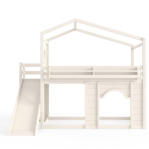 Image of Bellemave Bunk beds Twin Over Twin with Slide,Bookshelf and Wardrobe House roof Design, Low bunk /loft Bed for Kids,Beige