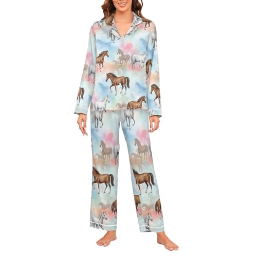 Image of Womens Silk Satin Pajamas Set Western Theme Womens Short Sleeve Shorts Set 2 Piece Sleepwear Lounge Set S-XXL
