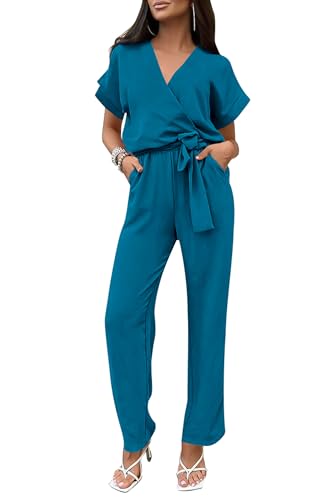PRETTYGARDEN Women's Summer One Piece Jumpsuits Belted Short Sleeve Wrap V Neck Fashion Dressy Casual Wide Leg Pants Romper