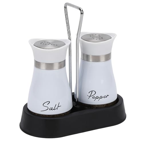HZPZPP Salt and Pepper Sets Salt and Pepper Shakers Set Set of 2 Glass Salt Shakers with Stainless Steel Lids and Holder for Modern Kitchen Breakfast Table Small Homes BBQ and Camping (White)