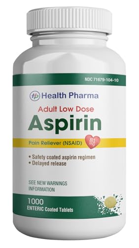 Health Pharma Aspirin 81 mg (1000 Enteric Coated Tablets) | Adult Low Dose Strength Pain Reliever (NSAID) | Safe Pain Relief for Minor Aches and Pain | Value Pack Generic
