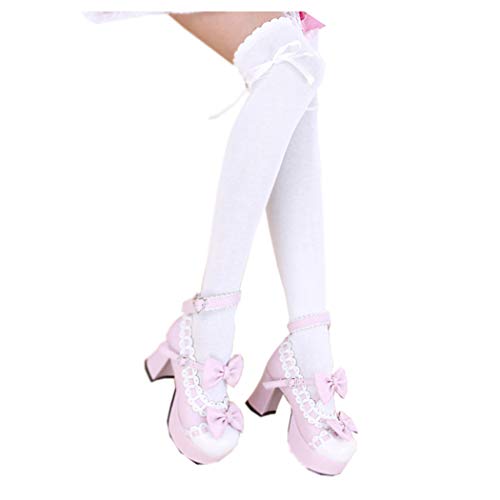 Women's Thigh High Socks Lolita Gothic Over Knee Lace Up Thigh Stocking PTK12 (White New)