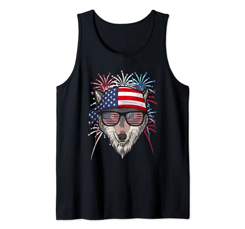 July 4th USA - Funny Patriotic Wolf Face Tank Top, Black