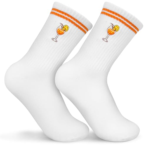 OFFCUP Chaussettes Aperol Spritz, Brodées Chaussettes Blanches avec Motif Verre