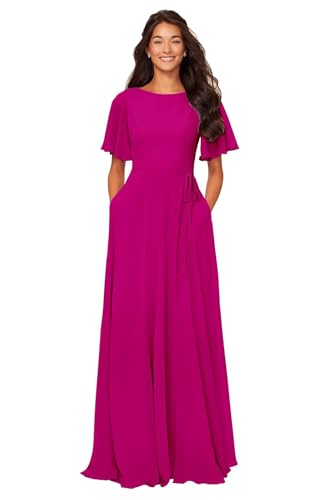 Image of petyoo Chiffon Flutter Sleeve Bridesmaid Dresses with Pockets Sash Long A Line Formal Dress