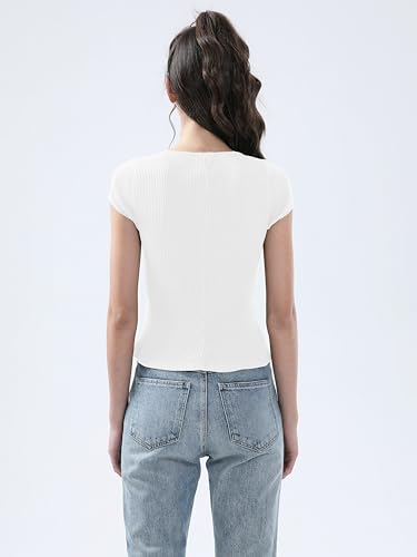 Ribbed Button Down T Shirts for Women Short Sleeve Going Out Tops Cropped Fitted Knit Blouses4