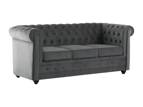 Vente-unique - Canapé 3 Places Convertible en Velours Gris Anthracite Chesterfield