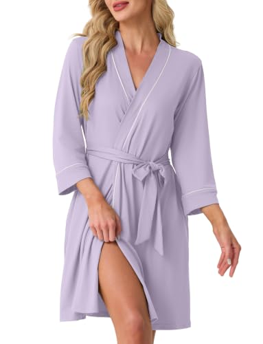 Image of PrinStory Womens Robe Knee Length Soft Knit Bathrobe S-2XL | V-Neck 3 /4 Sleeve Robes with Pockets, Lightweight, Breathable Bath Robe for Shower, Spa, Travel, Home, Party, Nursing
