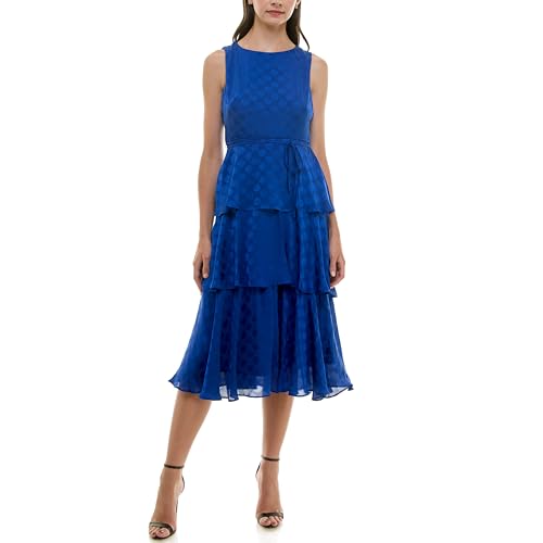 Maison Tara Women's Sleeveless Satin Jacquard Tiered Holiday Midi Dress