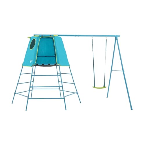 Aire de Jeux métal Explorer Tour Bleu - Tapis Explorer - hublot - Bras portique - balançoire - kit d'ancrage h201 cm