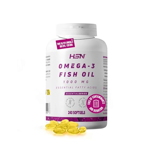 HSN Omega 3 1000mg Aceite de Pescado (18% EPA + 12% DHA) | 240 Perlas | Con Vitamina E | Ausencia de Contaminantes y Oxidación | Sin Olor ni Sabor | No GMO, Sin Gluten ni Lactosa