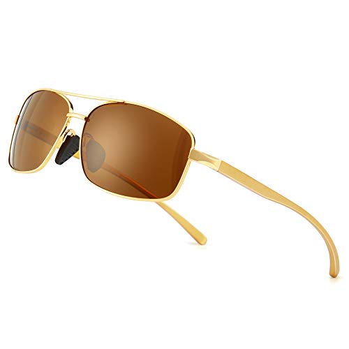 SUNGAIT Ultra Lightweight Rectangular Polarized Sunglasses UV400 Protection (Gold Frame Brown Lens, 62)