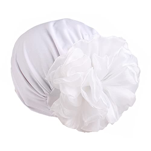Muslim Women Flower Elastic Turban Beanie Head Scarf wrap Chemo Cap hat for Cancer Patient (White)