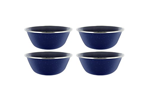 Camping Dinnerware 4-Person Set, 12 Items - 4 ea of 24 oz Mugs 6\" Bowls & 10\" Plates Metal w/ Blue Enamel Finish