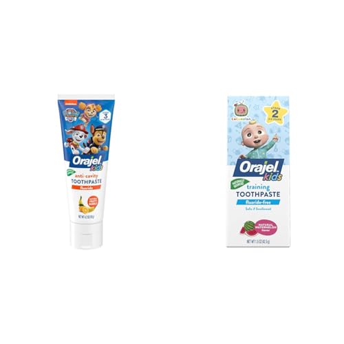 Image of Orajel Kids Paw Patrol Anti-Cavity Fluoride Toothpaste, Natural Fruity Bubble Flavor, 4.2oz Tube & Kids CoComelon Fluoride-Free Training Toothpaste, Natural Watermelon Flavor, 1.5oz Tube