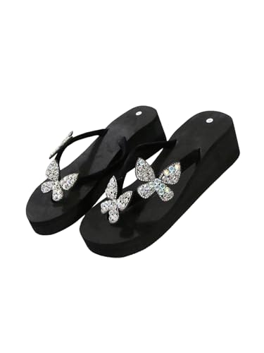 WDIRARA Women's Sparkly Rhinestone Platform Flip Flops Thong Sandals Flower Slip on Wedge Sandals