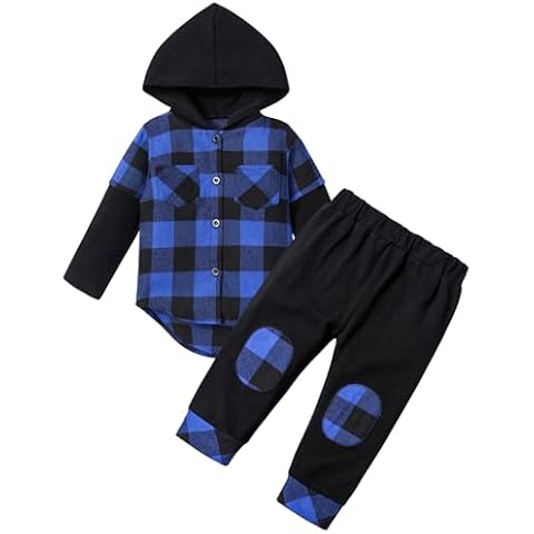 DONWEN Boys Clothes 5t Size 6 Winter Clothes for Boys Long Sleeve Plaid Pocket Hoodie Sweatshirt Pants 2pcs Kids Clothes Boys Cover