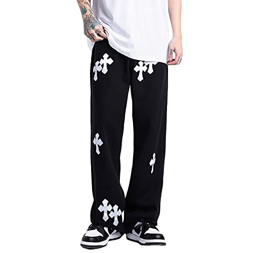 YADMISU Men's Baggy Hip-hop Cross Patchwork Jeans Loose Fit Wide Leg Straight Denim Pants Streetwear Black