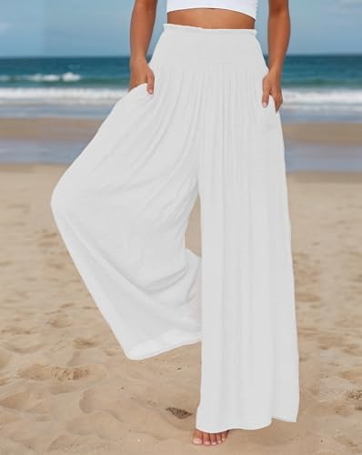 Womens Summer Elegant Elastic Waist Pant Plus Size Casual Trousers with Pockets Lightweight Wide Leg Beach Pants2
