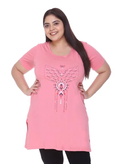 Image of CUPID Regular Fit Cotton Round Neck Half Sleeve T-Shirt, Plus Size Night n Sleep Wear, Daily Use Gym n Lounge Wear Long Tops for Women Blush Pink 2XL