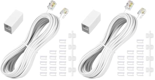 Image of moeverEX Phone Extension Cord 25 Ft, Telephone Cable with Standard RJ11 Plug and 1 in-Line Couplers and 20 Cable Clip Holders, White (Pack of 2)