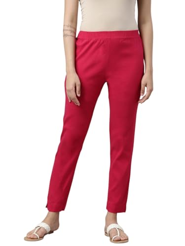 Image of MINELLI Women Solid Cigar Pants, Cotton Lycra Slub Fabric, Elasticated Waistband, Pull On Style, Regular Fit Bottom Wear for Western and Ethnic Wear