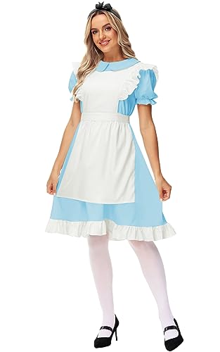 Image of Deerose Adult Women Bule White Costume with Apron Halloween Maid Princess Dresses