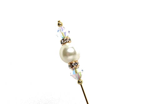 RetroGem Sparkling Elegance Austrian Crystal White Pearl 6 Inches Gold Tone Hat Pin Stick Pin (Pearl: White + Crystal AB)