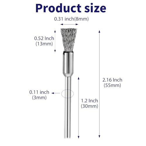 Image of Xindojuz 15 PCS Small Wire Brush, Stainless Steel Wire Brushes Extended Cleaning Rust End Brushes, 3 mm Mandrel Rust Paint Removal Bits Polishing Rotary Tool Accessories (8 mm End Scrub)