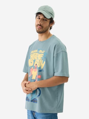 Image of The Souled Store Here We Go Again Men and Boys Short Sleeve Round Neck Green Graphic Printed Cotton Oversized T-Shirts