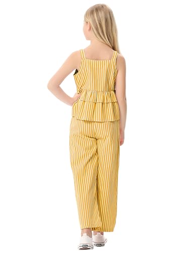 Image of Girl's 2 Piece Striped Outfits Cami Top Wide Leg Pants Ruffle Hem Summer Clothes with 2 Pockets 3-14Y