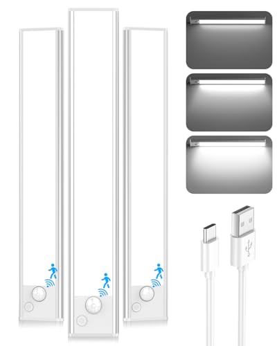 12'' Under Cabinet Lights, 2500mAh LED Battery Operated Rechargeable Motion Sensor Lights Indoor, Magnetic Dimmable Closet Light, Wireless Under Counter Cupboard Night Light for Kitchen, Stair, 3 Pack
