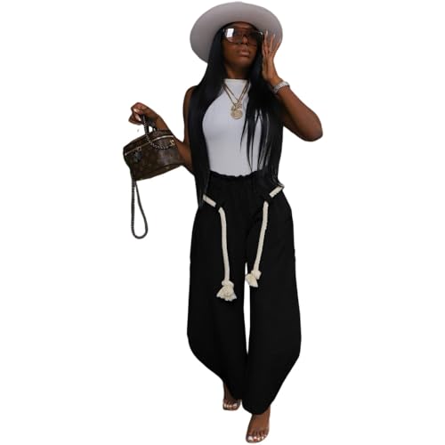 Women's Fashionable Woven Hemp Rope Waist Pants, Loose Wide Leg Lantern Pants, Front Pocket2