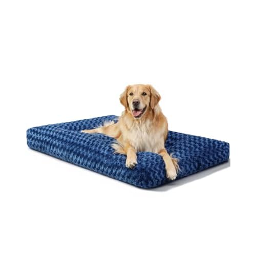 KSIIA Washable Dog Bed Comfy Dog Crate Pad Deluxe Plush Pet Bed Non-Slip Kennel Pad for Jumbo Dogs, 47" x 29", Blue Blue 47.0"L x 29.0"W x 4.0"Th