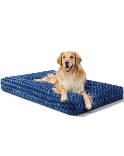 Image of KSIIA Washable Dog Bed Medium Size Dog Crate Bed Plush Pet Mat 35 inchx23 inch Blue | Deluxe Plush Comfy Kennel Pad, Anti-Slip Bottom,Deep Sleeping Mat for Medium Dogs,Machine Washable for Easy Cleaning