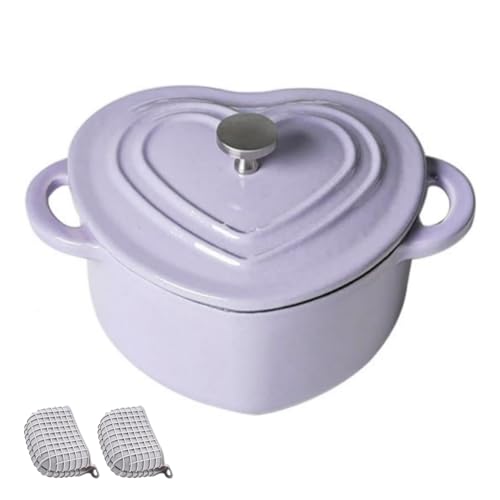 Horno holandés de hierro fundido esmaltado, olla en forma de corazón con tapa y asas dobles, accesorios de silicona incluidos, funciona en todas las estufas, apto para horno hasta 260.0 °C