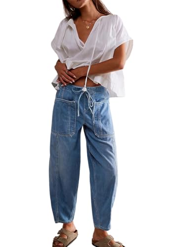 ebossy Barrel Jeans for Women Elastic Waist Baggy Loose Boyfriend Cropped Denim Pants with Drawstring