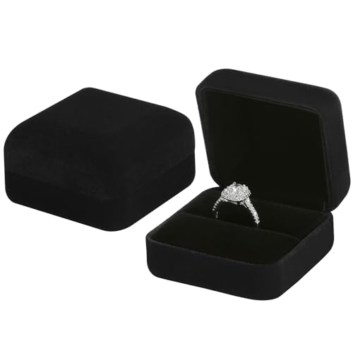 KUKUVR 2 Pieces Velvet Metal Wedding Ring Box Elegant Jewelry Earring Studs Gift Box for Women Girl Ring Holder Case for Engagement Proposal Anniversary Bridal Party Decor (Black)