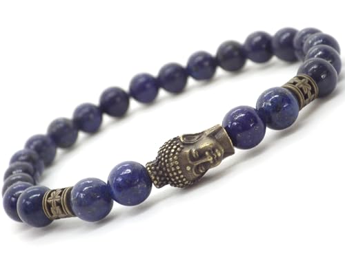 Bracciale da uomo etnico Zen in perle di Lapislazzuli blu e Buddha in bronzo