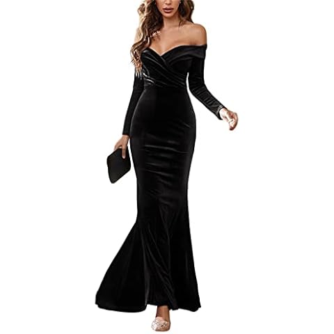 Women 's Velvet Cocktail Party Dress Long Sleeve Off-Shoulder Bodycon Sexy Dress Elegant High Waist Pleated Ruched Maxi Dress (Black, M) Cover