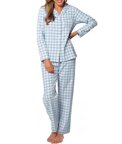 La Mejor Lista de Pijamas para Mujer más recomendados. 41 VIOPY Conjunto de Pijama Mujer 2 Piezas a Cuadros con Bolsillos Cómodo Pijamas Botones Manga Larga Mujeres (Azul Claro, CH)