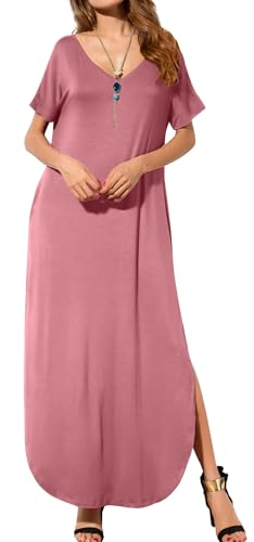 Image of GRECERELLE Women's Summer Maxi Dress Casual Loose V Neck Short Sleeve Side Split Long Dresses with Functional Pockets