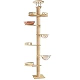 Decken Kratzbaum 295–315 cm höhenverstellbar, Kratzbaum Deckenhoch 7 Ebenen mit Beobachtungsturm, 2 Katzenhöhlen, 2 Raumkapseln, Sisal Kratzsäulen, Stabiler Katzenturm für Katzen (Holz)