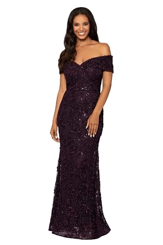 Xscape Women's Off The Shoulder Sweetheart Neckline Long Lace Dress (Standard & Petite), Mulberry Purple, 8
