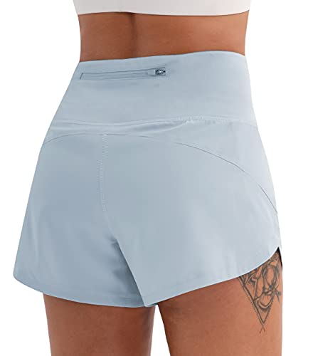 PERSIT Womens Workout Running Athletic Shorts with Pockets Yoga High Waist Shorts - Blue - L